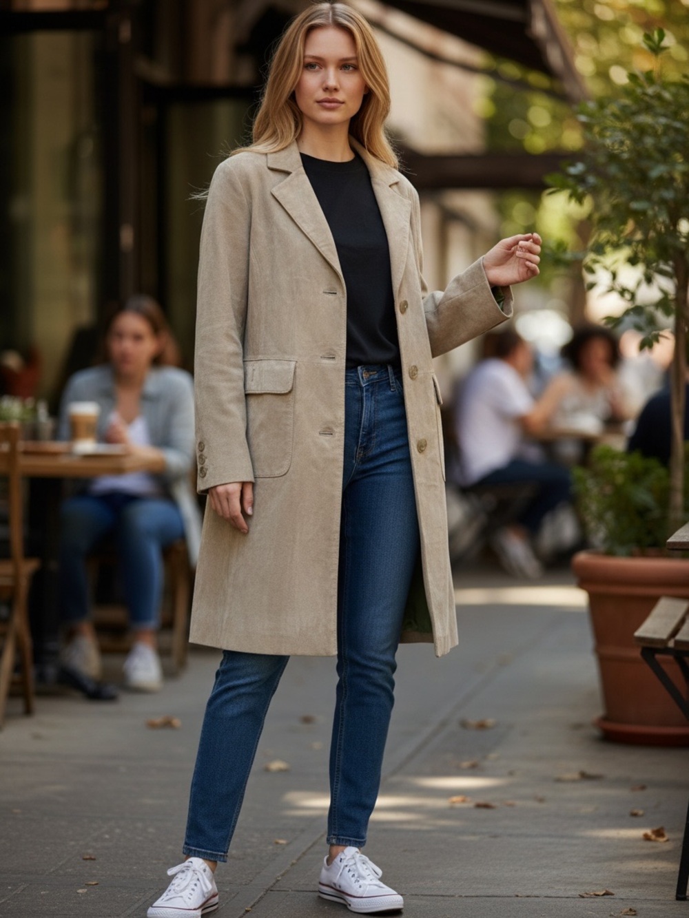 Style & Co. Long Single-Breasted Trench Suede Coat in Beige